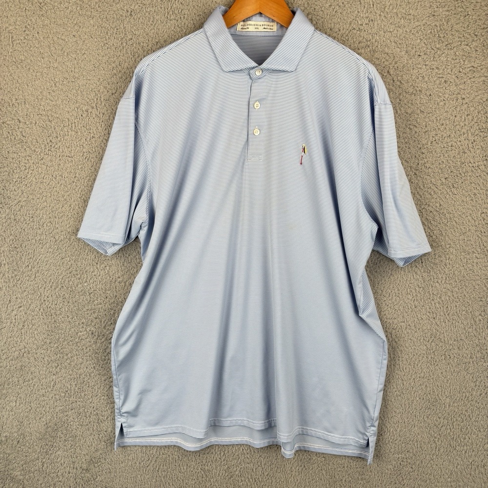 Holderness & Bourne Polo Shirt Men 2XL Blue White Striped Tailored Fit Golf - Picture 2 of 8